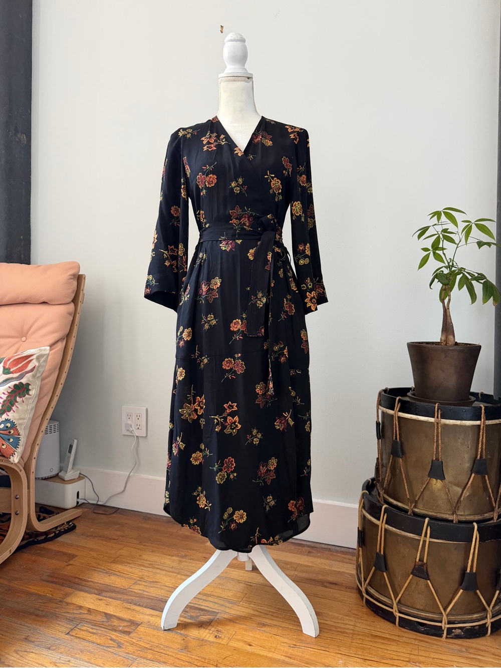 A.L.C. Black Floral Wrap Midi Dress with Tie Waist and pockets